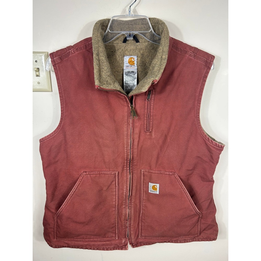 Carhartt Washed Duck Vest Women XL Rose Pink Sherpa Lined Mock Neck Barn Chore